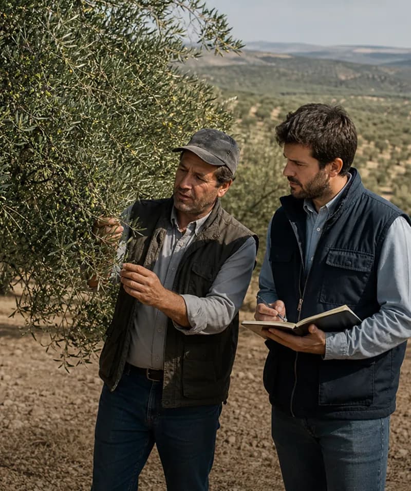 Un agricoltore e un tecnico osservano un olivo